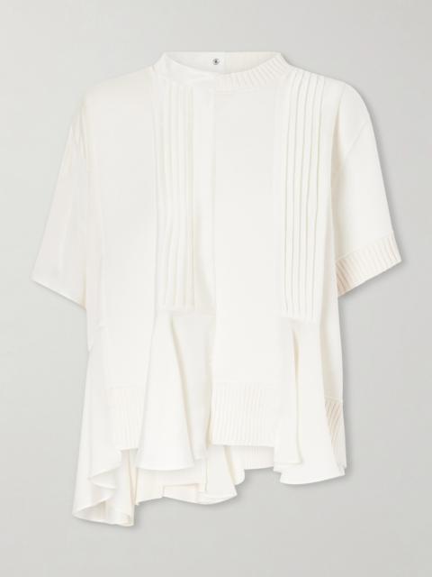 Paneled Pleated Ruffled Chiffon And Cotton-blend Top
