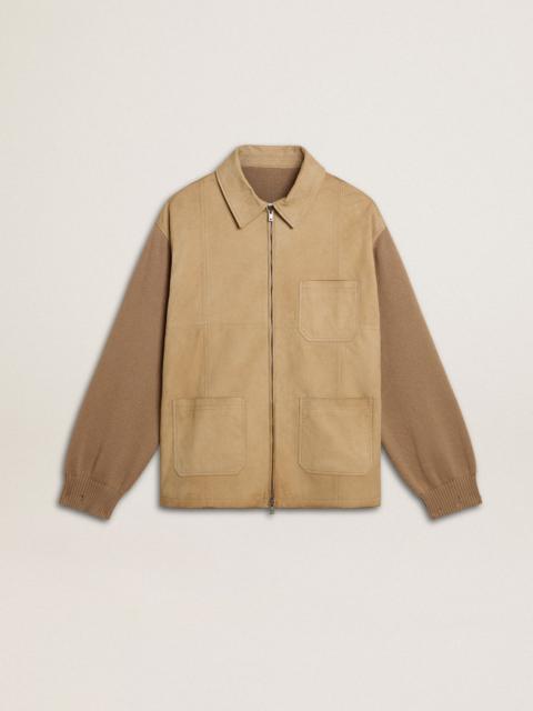 Men's jacket in travertine-colored nubuck leather with wool-blend sleeves and back