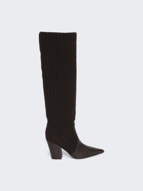 Ribbed Knit Calf Boots Beige