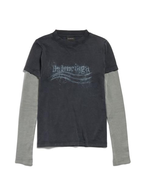 Women's Washed Crayon Political Double Sleeve T-shirt in Black Faded