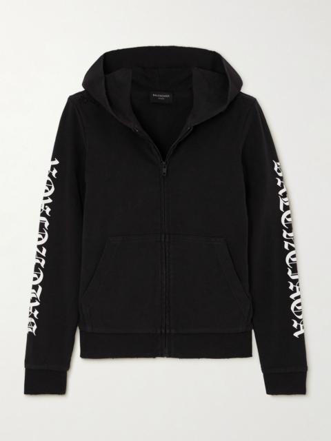 Distressed printed cotton-blend jersey hoodie Black