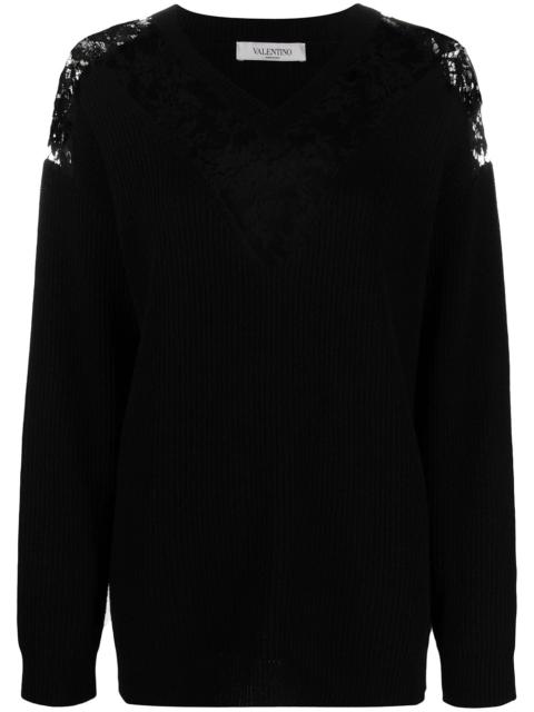 lace-embellished V-neck jumper