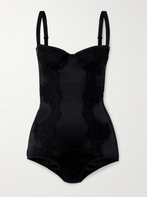 Lace-trimmed Silk-blend Satin Bodysuit