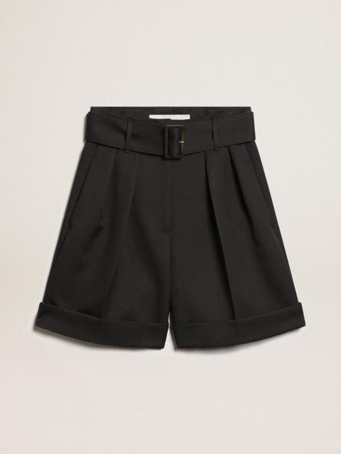 Golden Collection shorts in black wool gabardine with belt at the waist