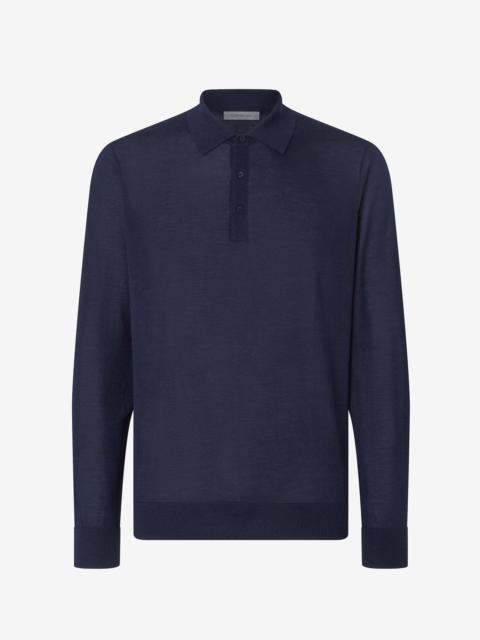 Navy blue ultra fine silk and cashmere button-up polo shirt