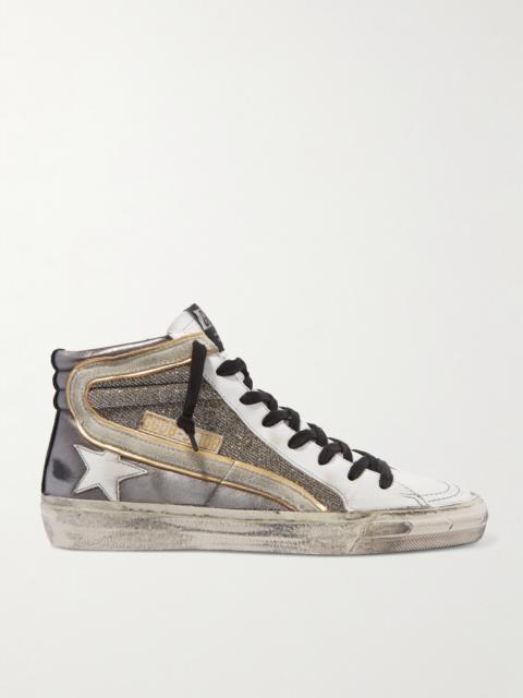 Slide Distressed Suede-trimmed Leather And Lurex High-top Sneakers