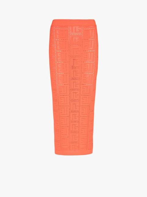 Mid-length dark orange eco-designed knit skirt with Balmain monogram