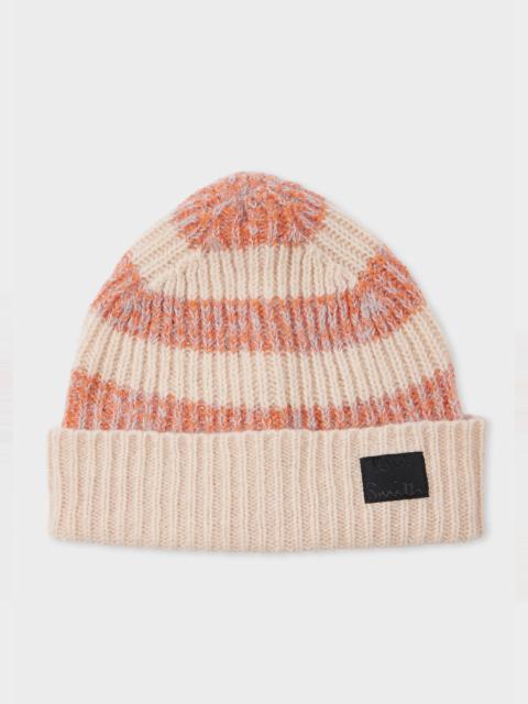 Women's Pink and Beige Lambswool-Blend Block Stripe Beanie