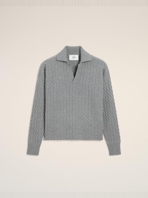 GREY WOOL CABLES KNIT POLO