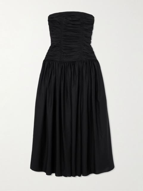 Strapless ruched organic cotton-poplin midi dress Black