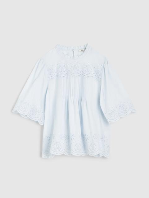 Embroidered Pintuck High-Neck Top