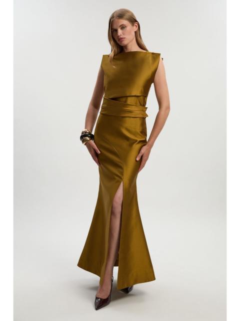 Satin Twill Draped Waist Structured Tailored Maxi Dress