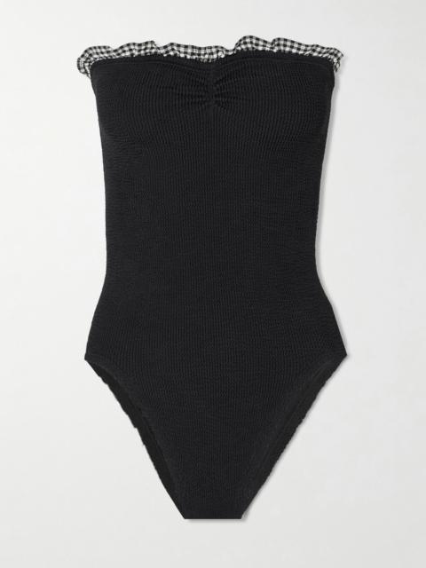 Dolly strapless ruffled gingham-trimmed seersucker swimsuit Black