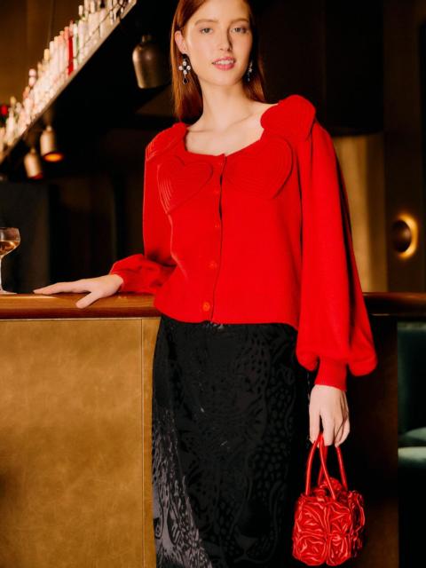 Red 3D Heartful Puff Sleeve Knit Cardigan