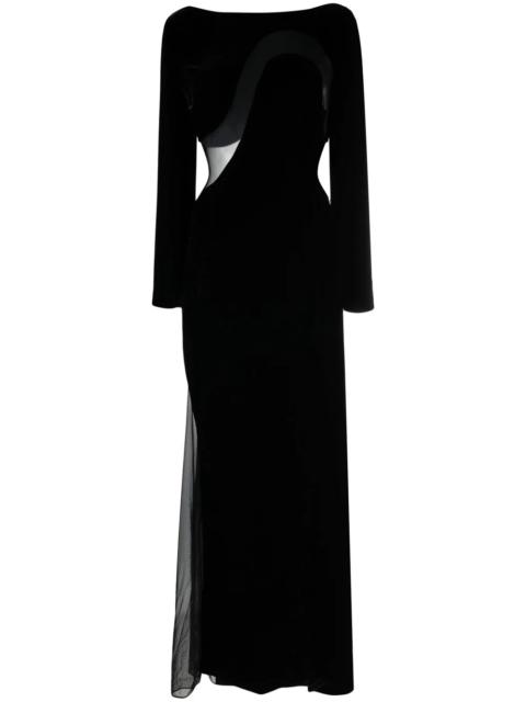 Mesh-panelled velvet gown