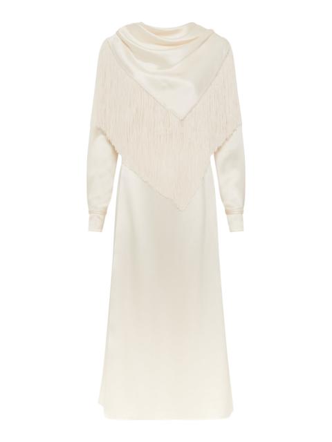 Rouge Fringe Scarf Dress in Ivory Silk Satin