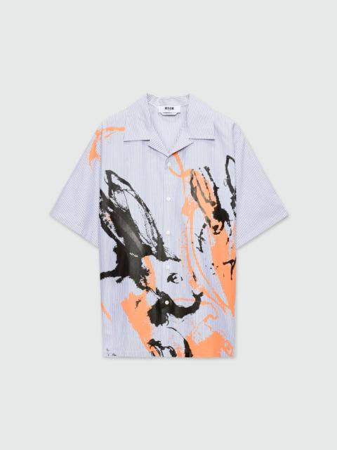 Blue Oxford striped bowling shirt with "Sketched Bunnies" print