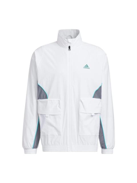 Men's adidas Logo Printing Pattern Splicing Stand Collar Zipper Jacket White HM5146