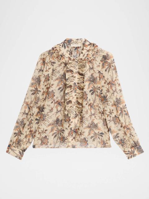 Nina Metallic Fil-Coupe Chiffon Ruffle Button-Down Blouse