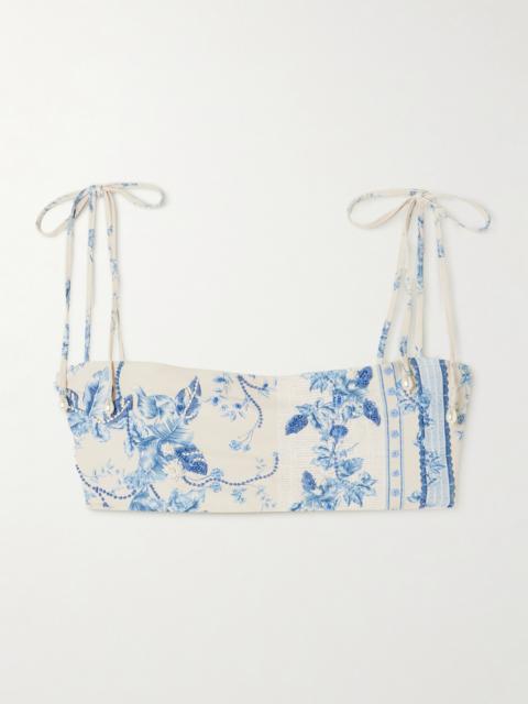 Primavera Bougainvillea Faux Pearl And Bead-embellished Floral-print Recycled Bikini Top