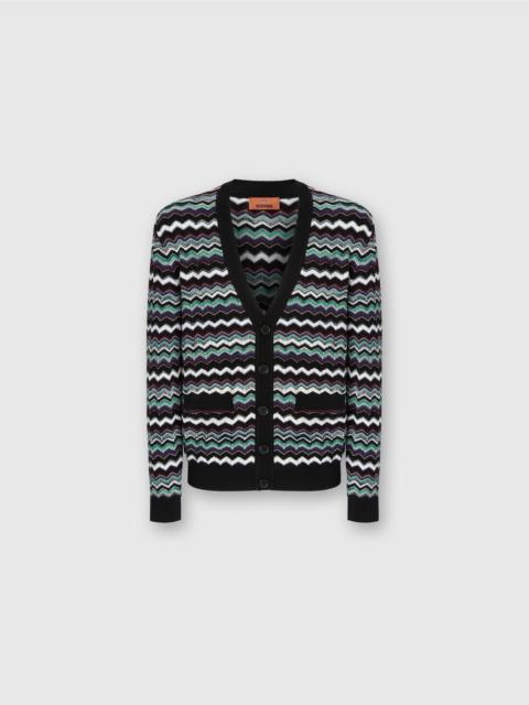 Cardigan in wool-cotton blend with zigzag