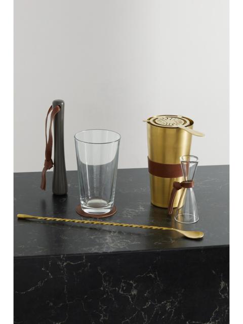 Leather-trimmed Gold-tone And Glass Cocktail Set