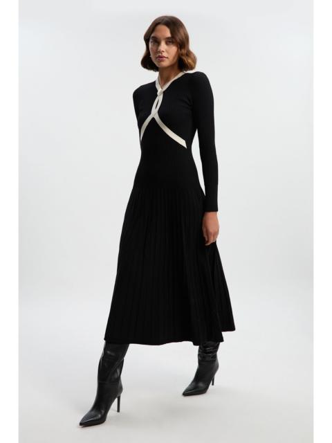 Rib Knit Trim Detail Full Skirt Midi Dress