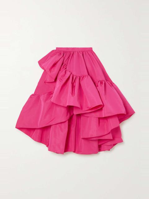 Asymmetric layered ruffled tiered taffeta midi skirt