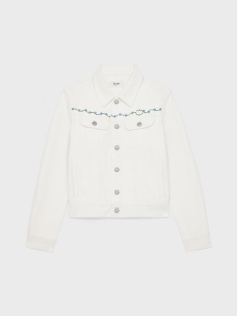 embroidered trucker jacket in raw wash white denim