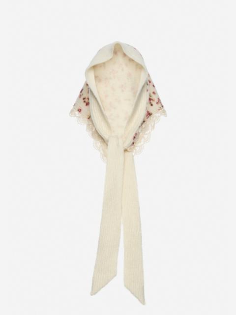 Floral scarf with lace trim in cream