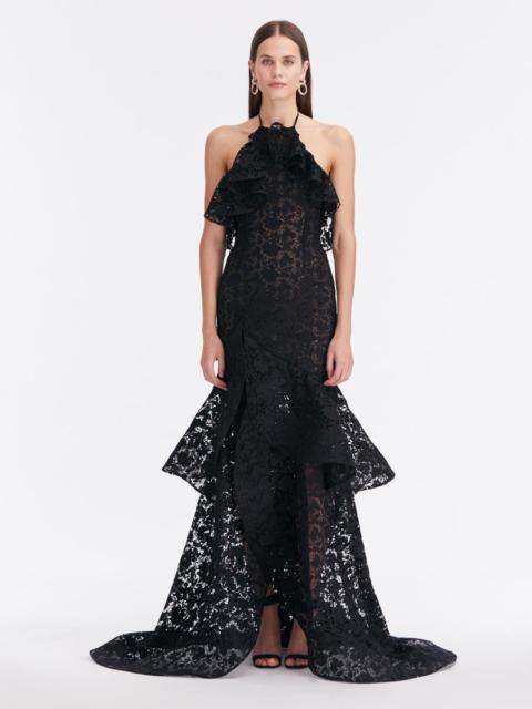 GARDENIA GUIPURE LACE RUFFLE GOWN
