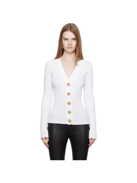 White Buttoned V-Neck Light Knit Cardigan