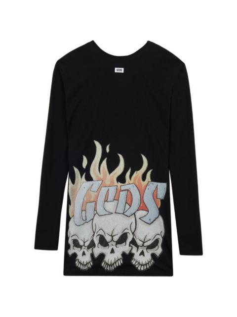 skull-print long-sleeve mini dress