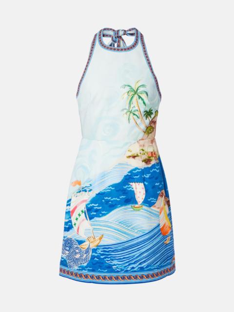 Island printed halterneck cotton minidress