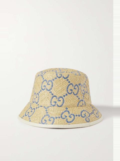 Leather-trimmed raffia-effect jacquard bucket hat