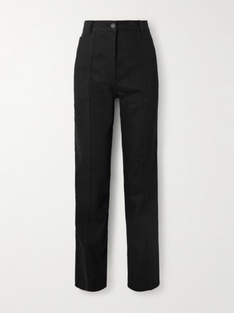 Bliss Embroidered Cotton-gabardine Straight-leg Pants