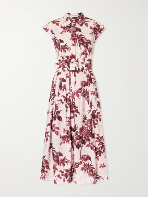 Octavia Belted Pleated Floral-print Cotton-poplin Midi Shirt Dress