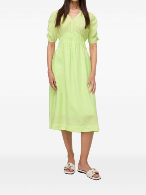 puff-sleeve smocked midi dress