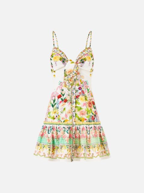 TIE FRONT SHORT DRESS WITH HEM RUFFLE