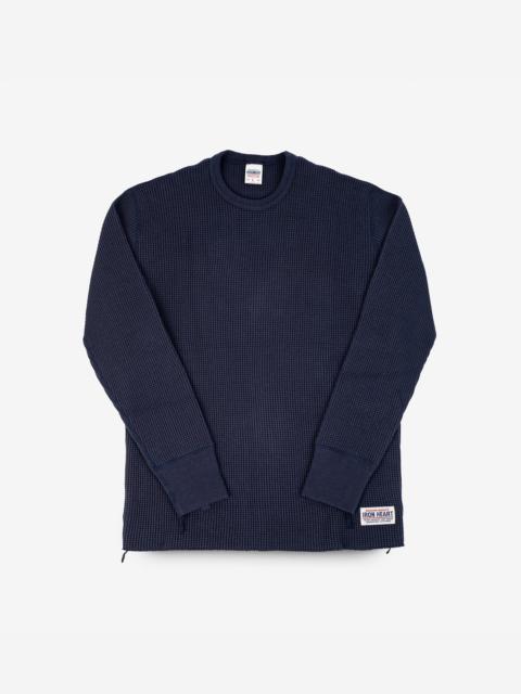 WAFFLE KNIT LONG SLEEVED CREW NECK THERMAL TOP - NAVY