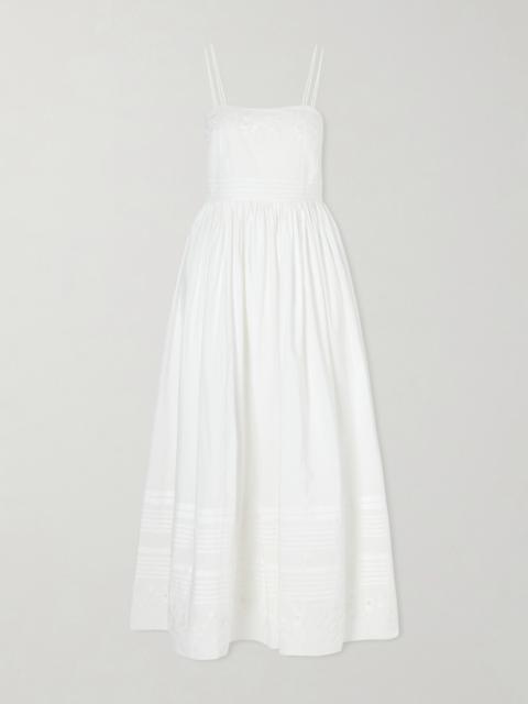 Chamomile Pintucked Embroidered Cotton-poplin Midi Dress