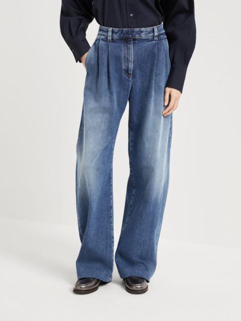 Comfort cotton denim loose curved trousers with monili