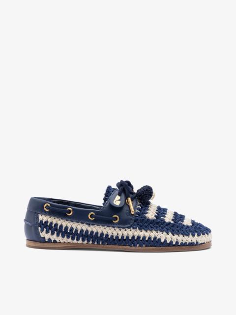Cyprus Crochet Boat Shoe In Navy and Ivory Crochet and Navy Leather