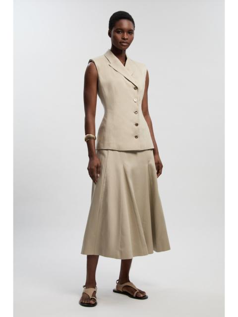 Tailored Linen Button Front Full Midi Skirt