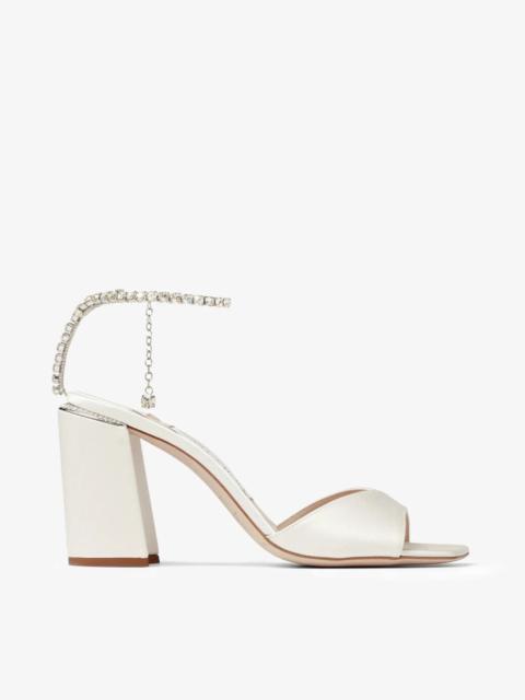 Saeda Sandal 85
Ivory Satin Block Heel Sandals with Swarovski Crystal Chain