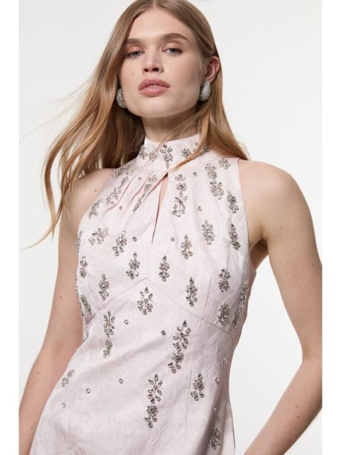 Texture Jacquard Crystal Embellished High Neck Woven Mini Dress