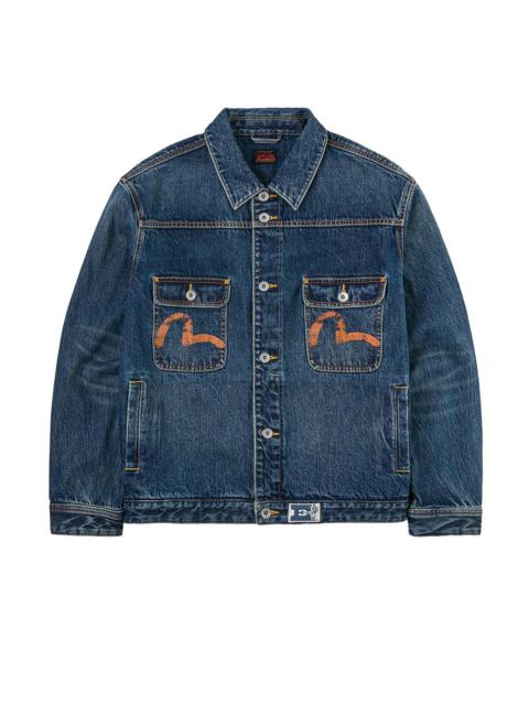 Distressed Seagull Print and Frayed Logo Patch Embroidery Relax Fit Denim Jacket