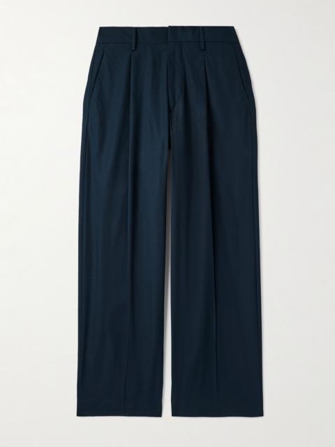 Kay 1080 Straight-Leg Pleated Organic Cotton-Poplin Trousers Navy