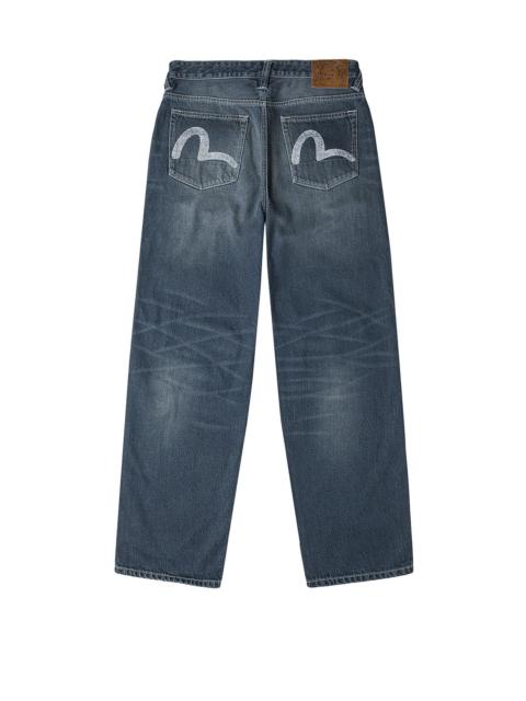 Distressed Seagull Print with Irregular Patches Loose Fit Denim Jeans