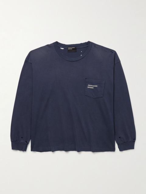Distressed Logo-Print Cotton-Jersey T-Shirt Navy